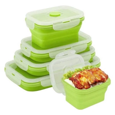 Set de 4 cutii pliabile din silicon pentru depozitarea alimentelor POPLATE® Verde